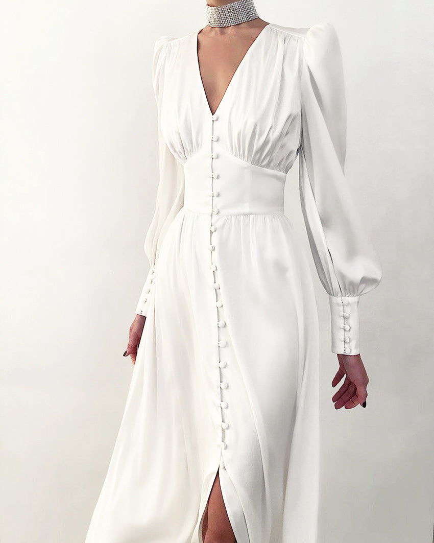 Marlina | Damen V-Ausschnitt Langarm Midikleid