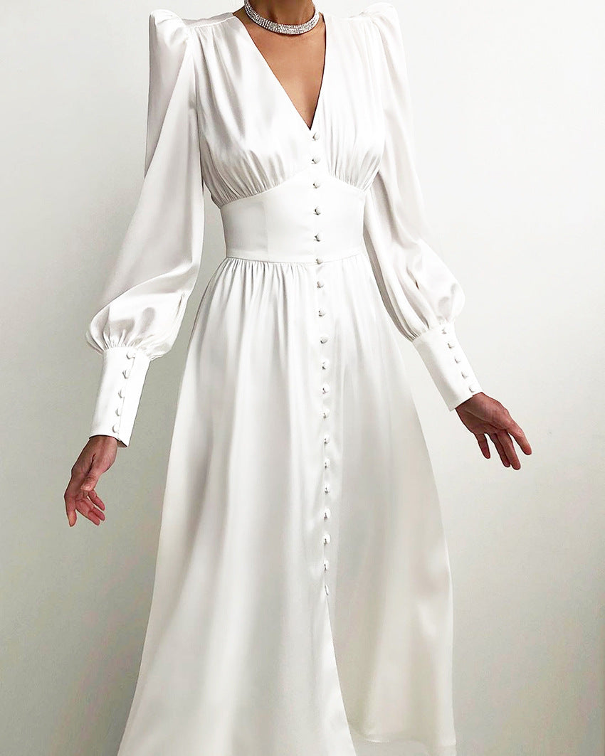 Marlina | Damen V-Ausschnitt Langarm Midikleid