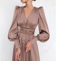 Marlina | Damen V-Ausschnitt Langarm Midikleid