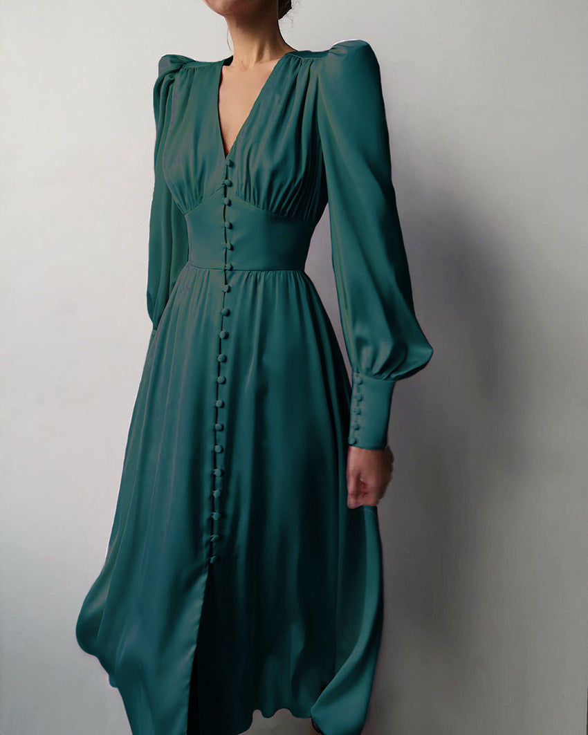 Marlina | Damen V-Ausschnitt Langarm Midikleid
