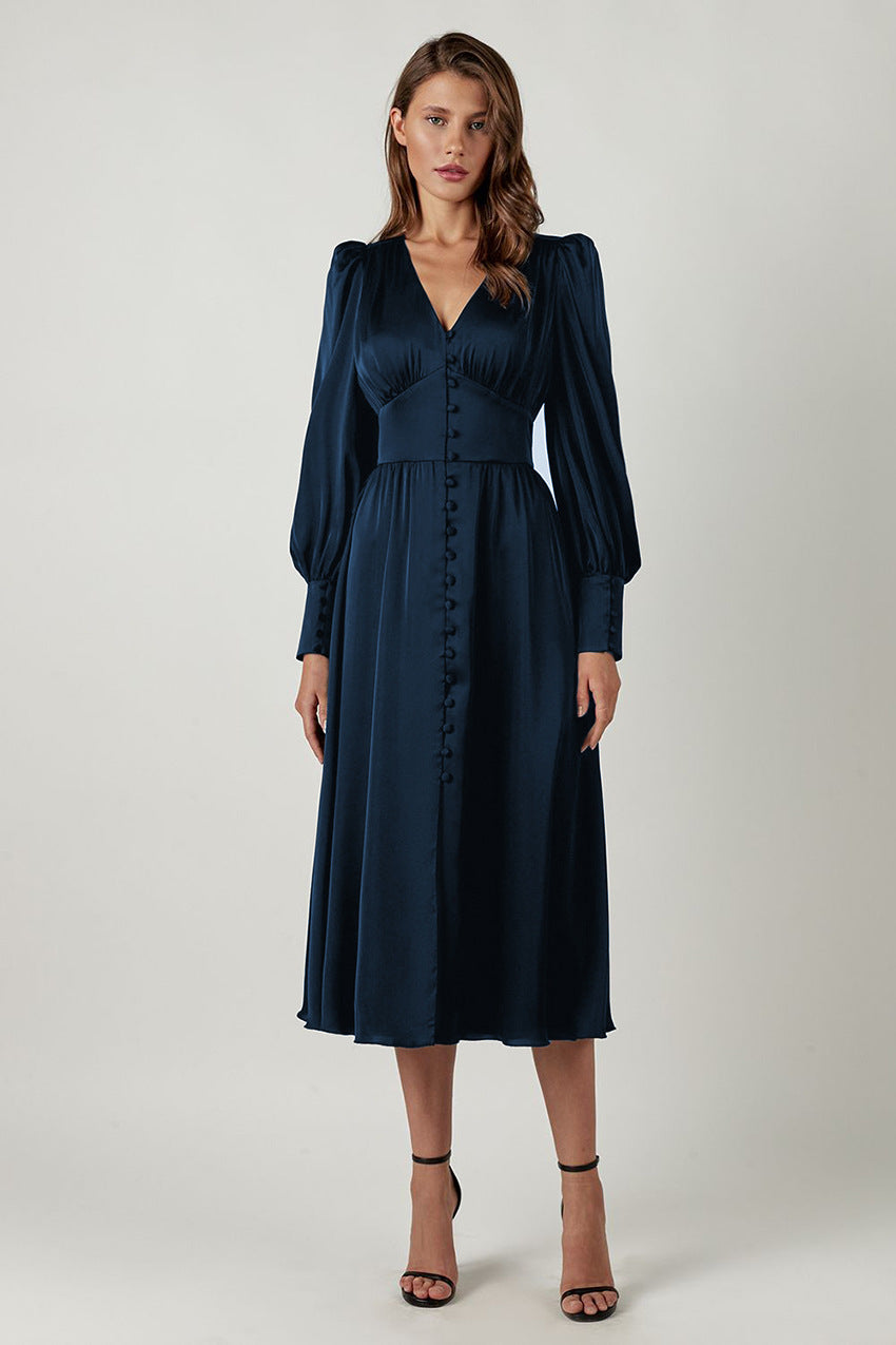 Marlina | Damen V-Ausschnitt Langarm Midikleid