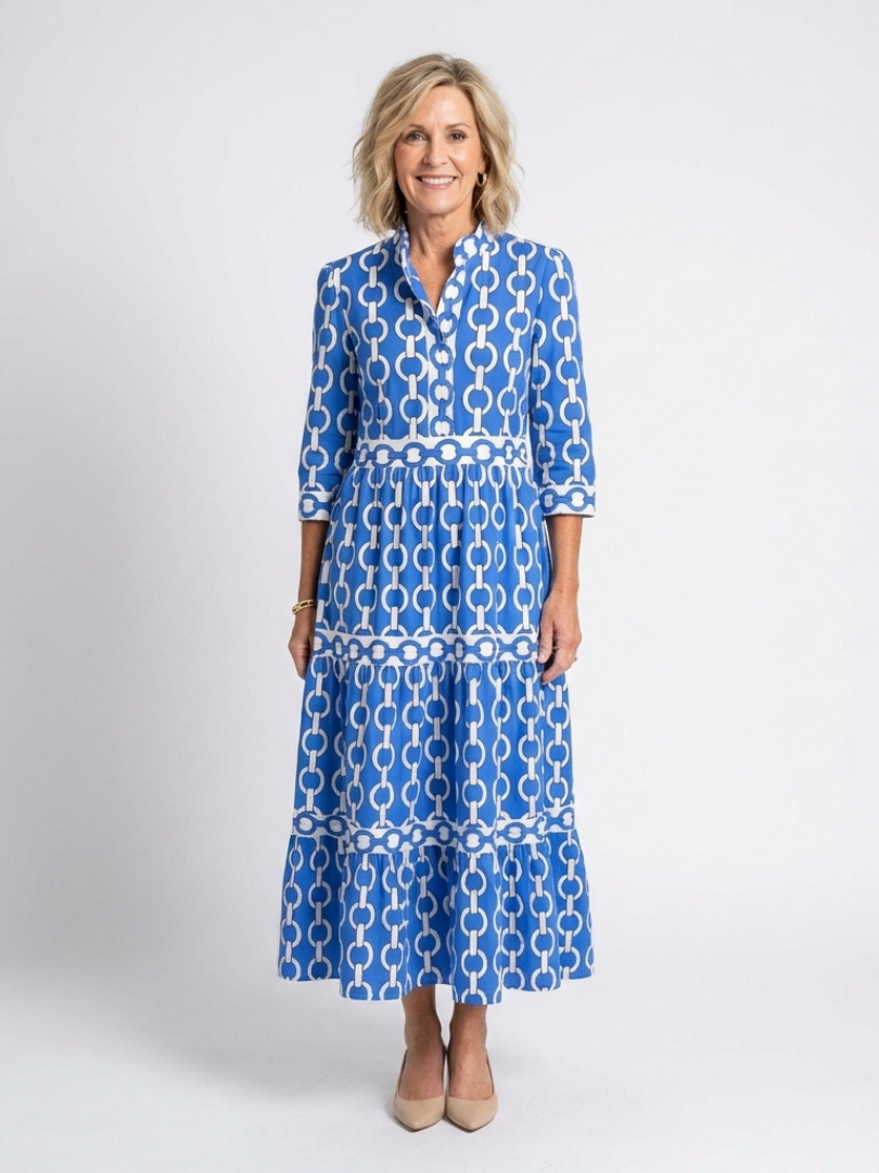 Marta | Damen Kettenmuster 3/4 Ärmel Maxi Kleid