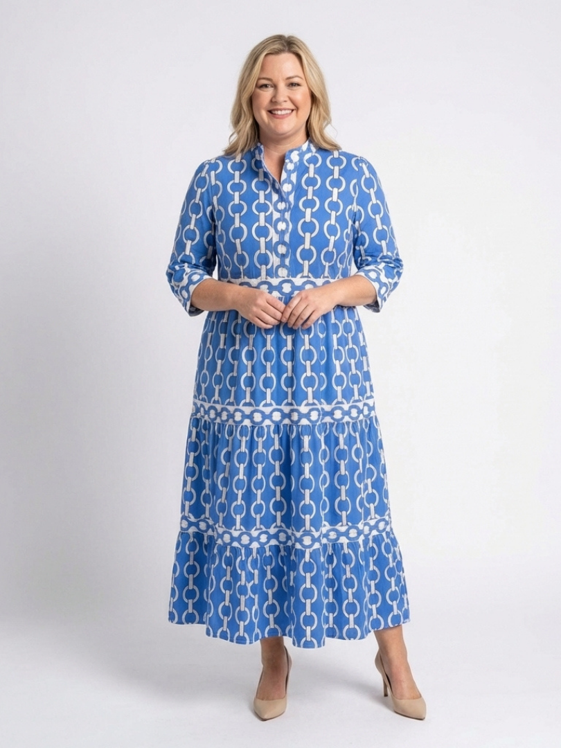 Marta | Damen Kettenmuster 3/4 Ärmel Maxi Kleid