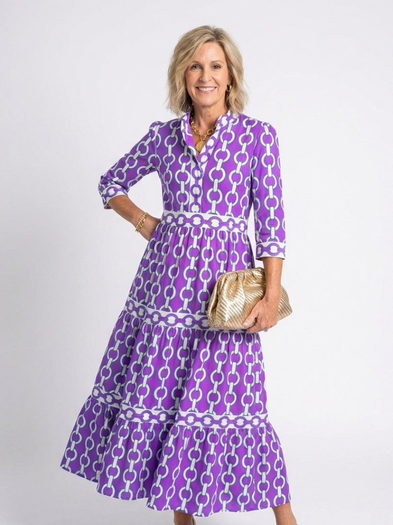 Marta | Damen Kettenmuster 3/4 Ärmel Maxi Kleid
