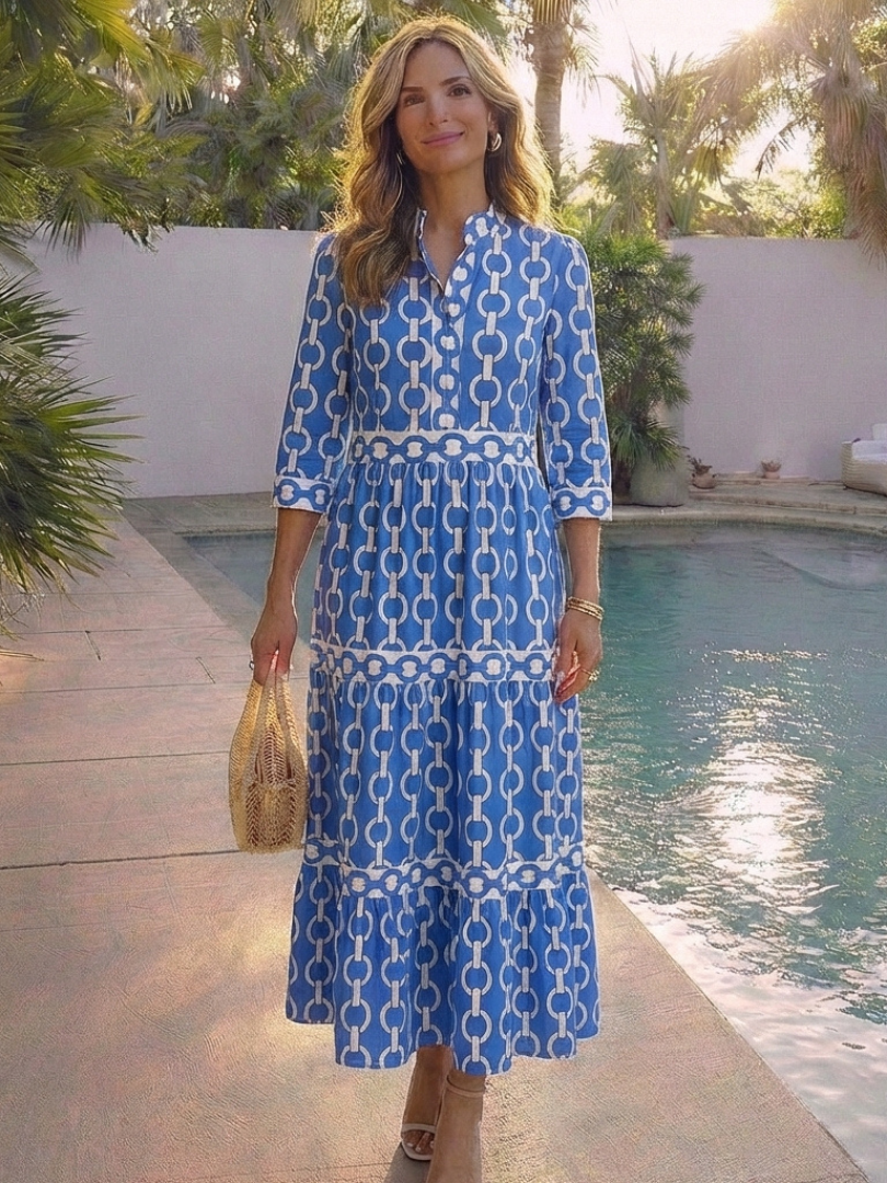 Marta | Damen Kettenmuster 3/4 Ärmel Maxi Kleid