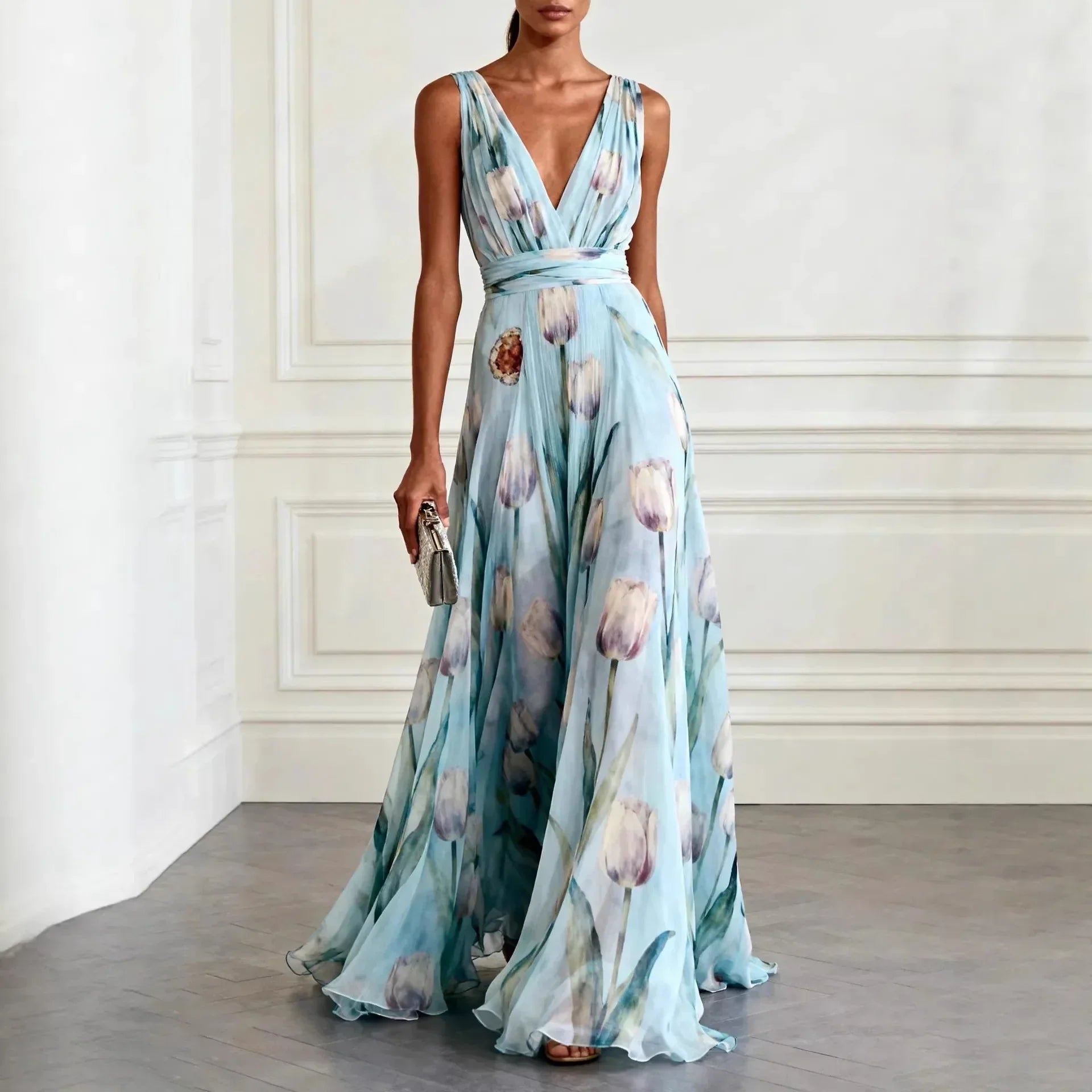 Mathilde | Damen V-Ausschnitt Maxikleid Blumenmuster