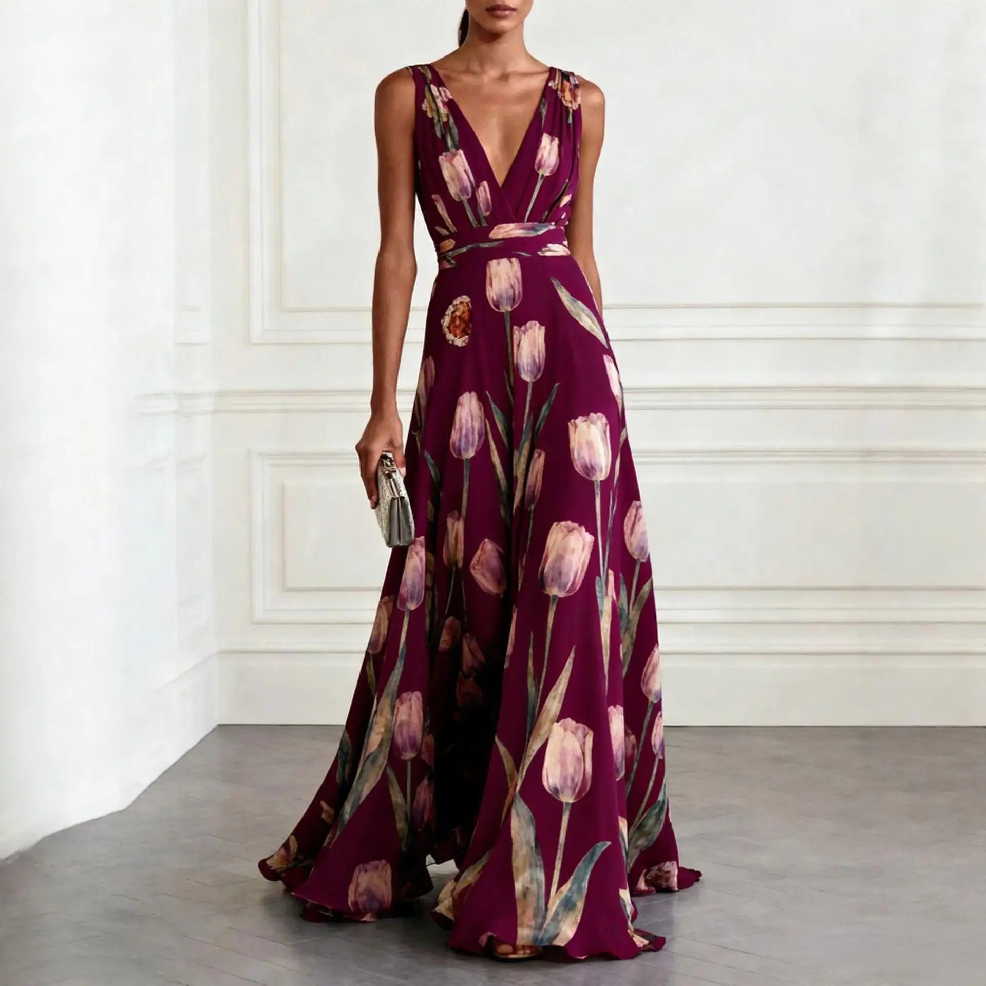Mathilde | Damen V-Ausschnitt Maxikleid Blumenmuster