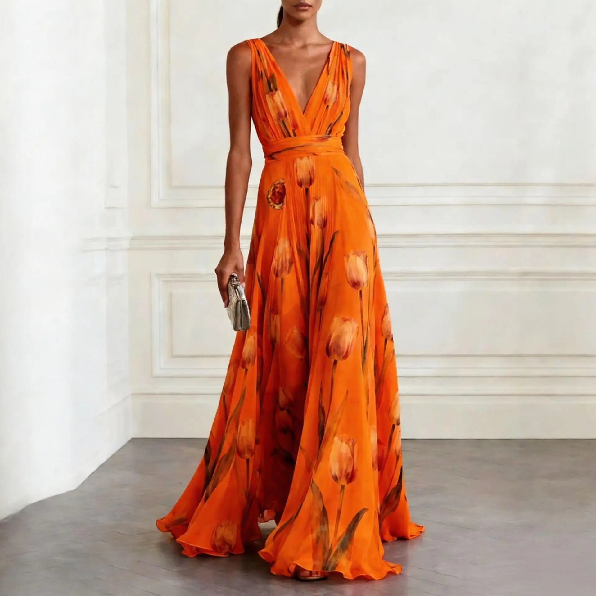 Mathilde | Damen V-Ausschnitt Maxikleid Blumenmuster