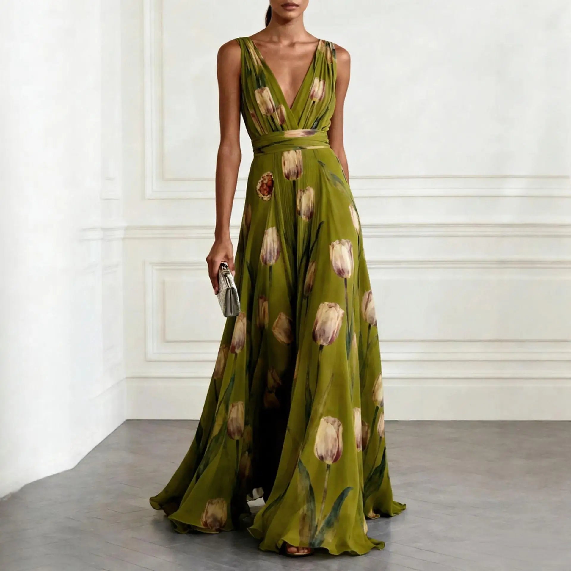Mathilde | Damen V-Ausschnitt Maxikleid Blumenmuster