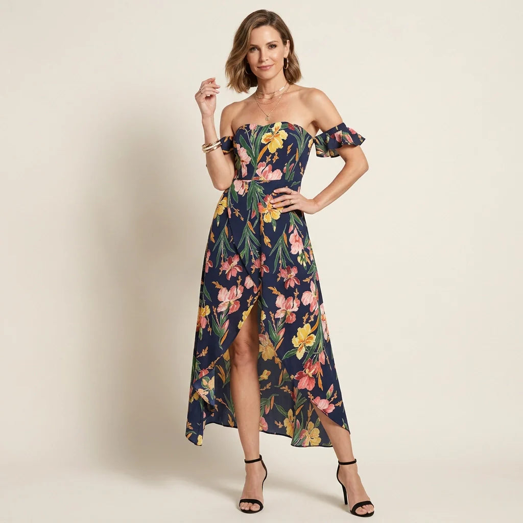 Maxikleid für Damen im Off Shoulder Stil mit Schlitz in Blumenprint