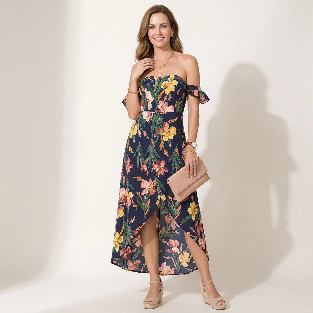 Maxikleid für Damen im Off Shoulder Stil mit Schlitz in Blumenprint