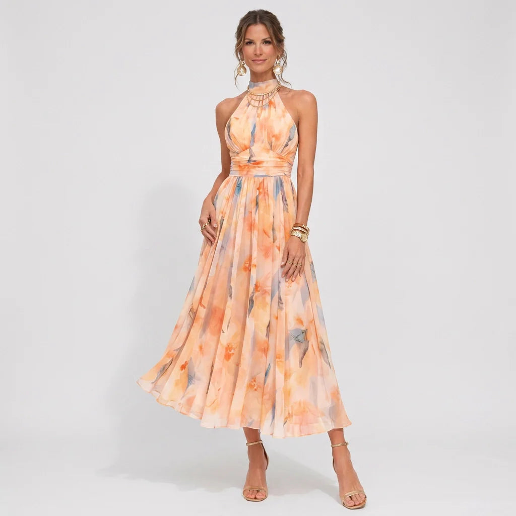 Wadenlanges Kleid in A-Linie aus Chiffon mit Blumenprint