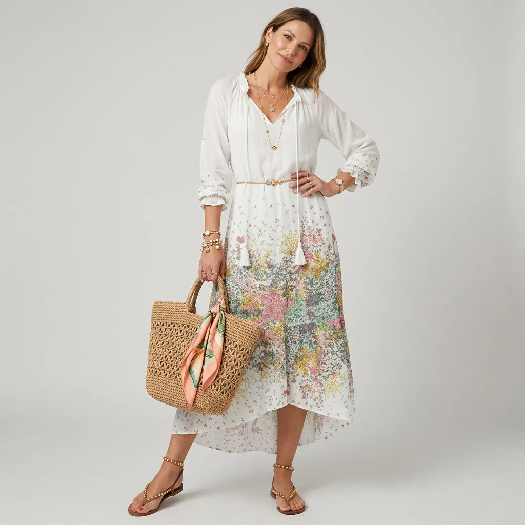 Maxikleid im Boho Stil mit V-Ausschnitt Halbarm und lockerer Passform