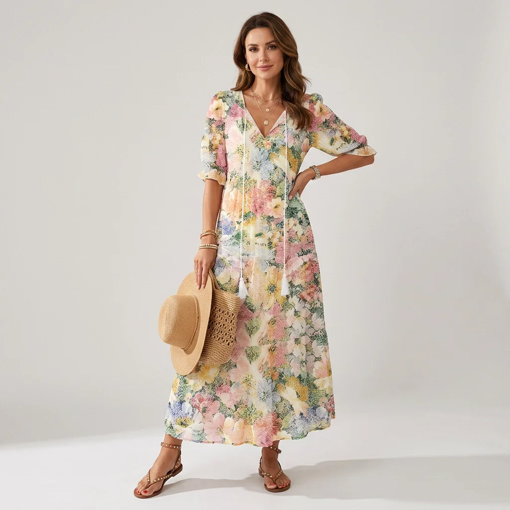 Maxikleid im Boho Stil mit V-Ausschnitt Halbarm und lockerer Passform