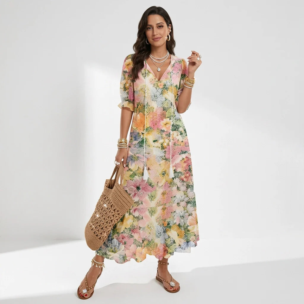 Maxikleid im Boho Stil mit V-Ausschnitt Halbarm und lockerer Passform