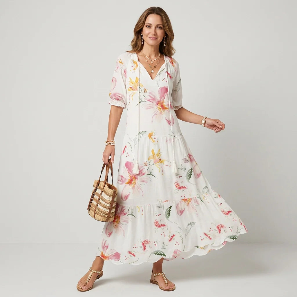 Maxikleid im Boho Stil mit V-Ausschnitt Halbarm und lockerer Passform