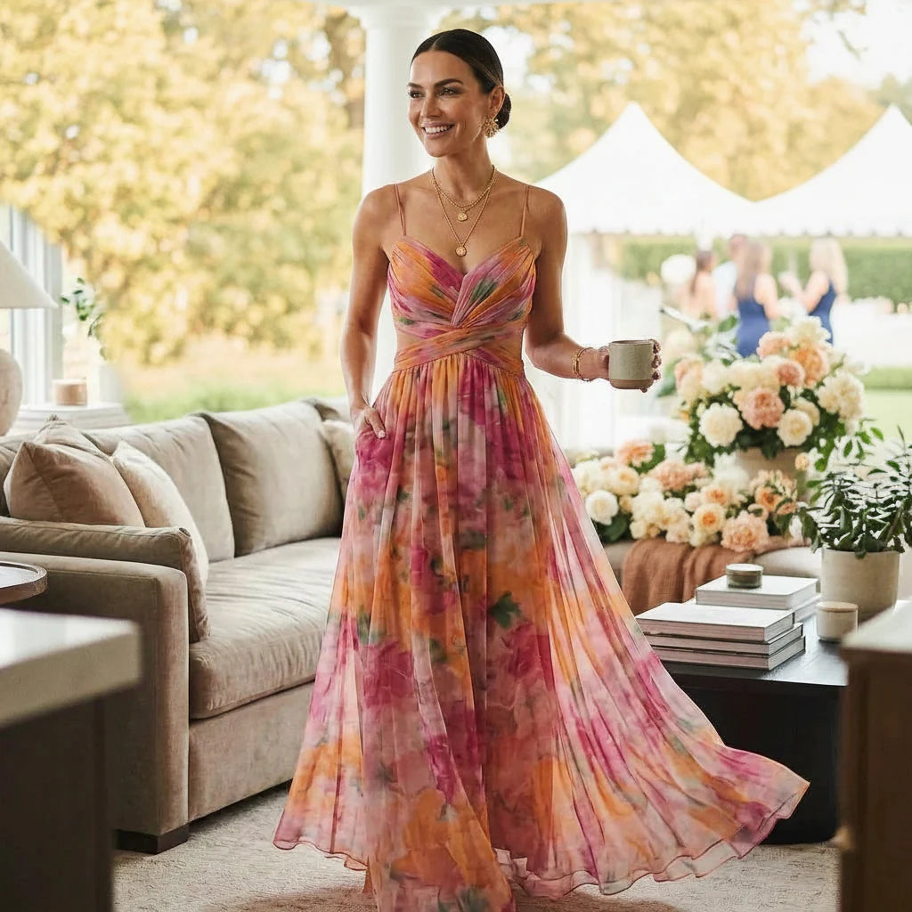 Maxi Kleid in Überlänge aus feinem Tüll in A-Linie mit Cut Out und Blumenprint