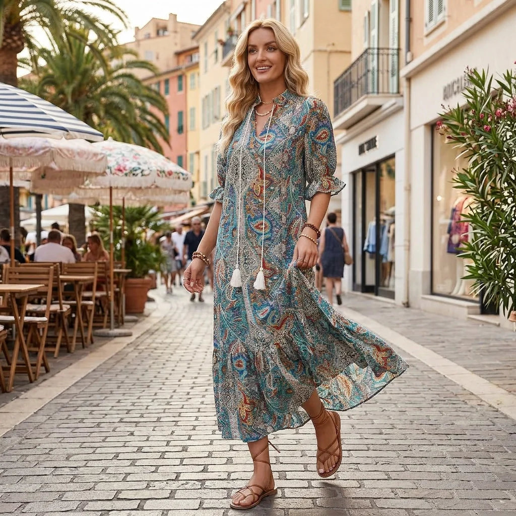 Langes Boho Sommerkleid mit Paisley Muster und Halbarm
