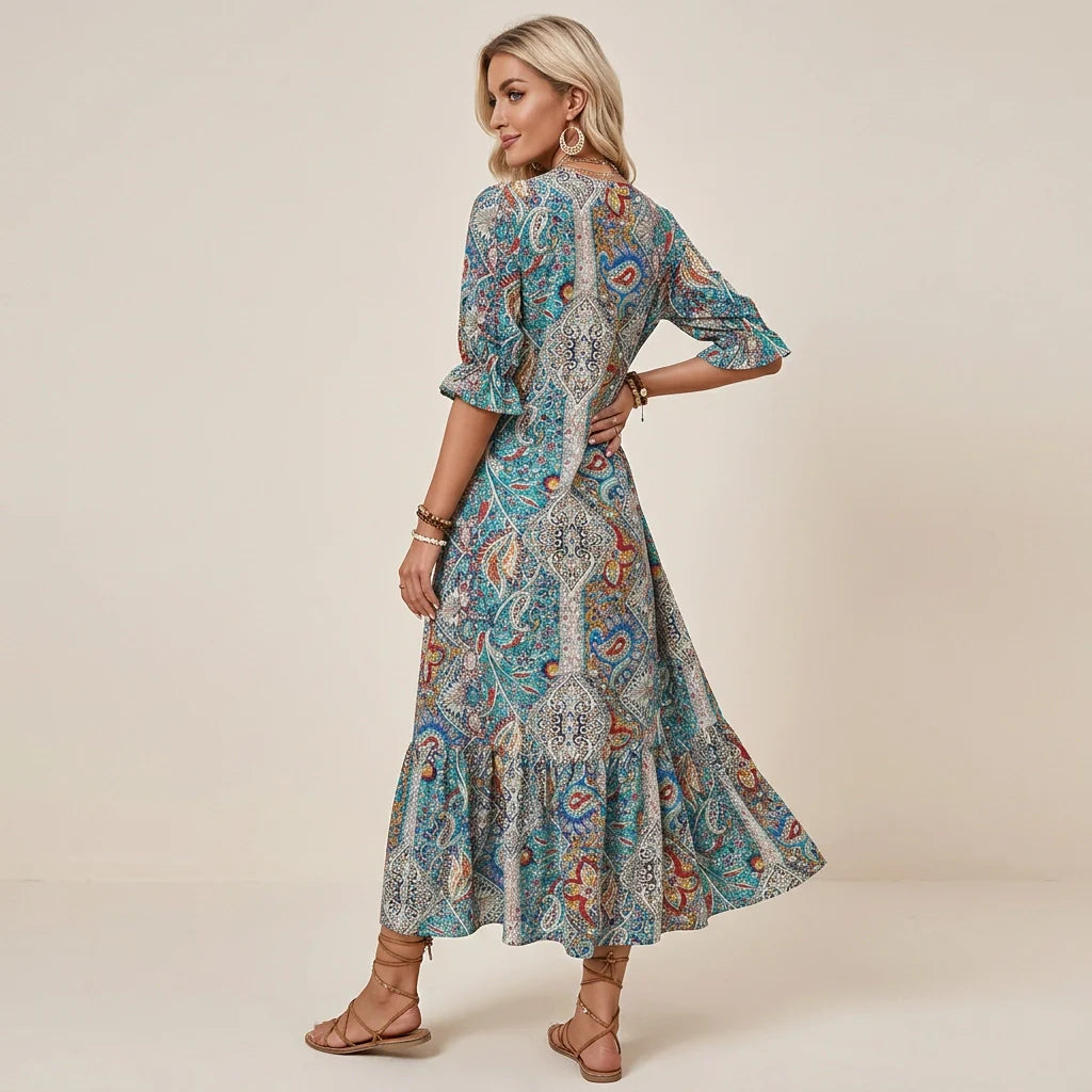 Langes Boho Sommerkleid mit Paisley Muster und Halbarm