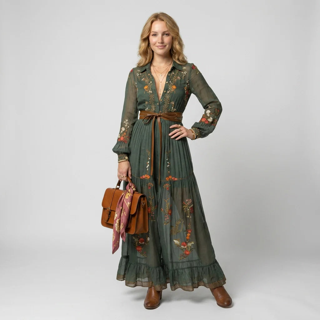 Hemdblusenkleid in A-Linie mit Langarm in bodenlanger Form