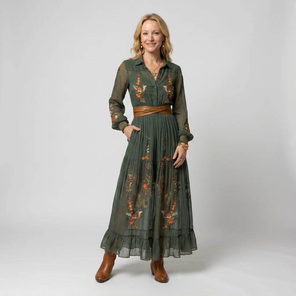 Hemdblusenkleid in A-Linie mit Langarm in bodenlanger Form