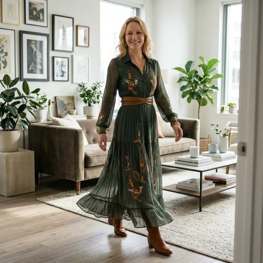 Hemdblusenkleid in A-Linie mit Langarm in bodenlanger Form