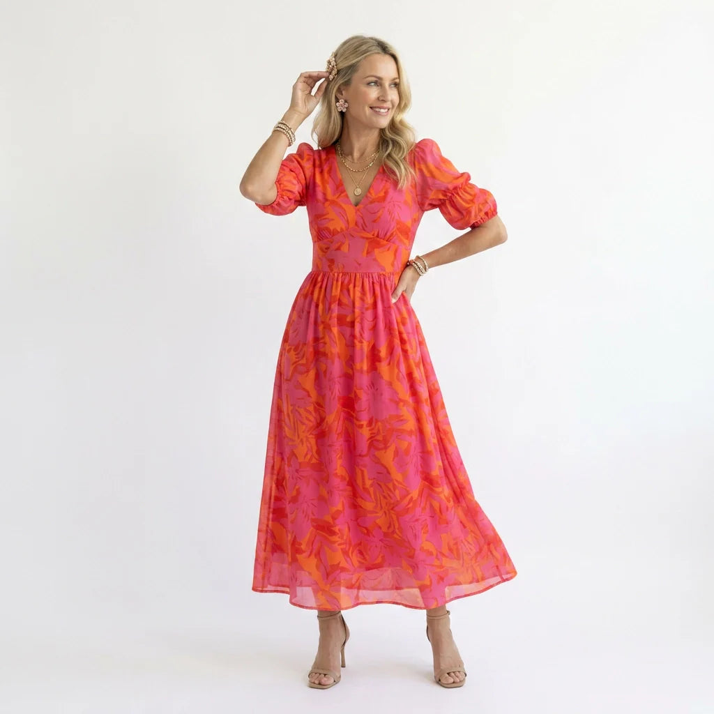 Maxikleid in A-Linie mit Puffärmeln im V-Ausschnitt