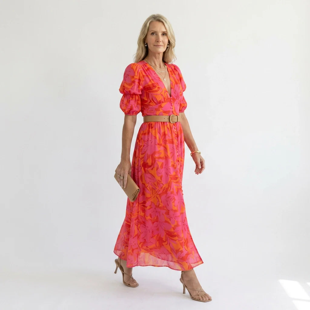 Maxikleid in A-Linie mit Puffärmeln im V-Ausschnitt