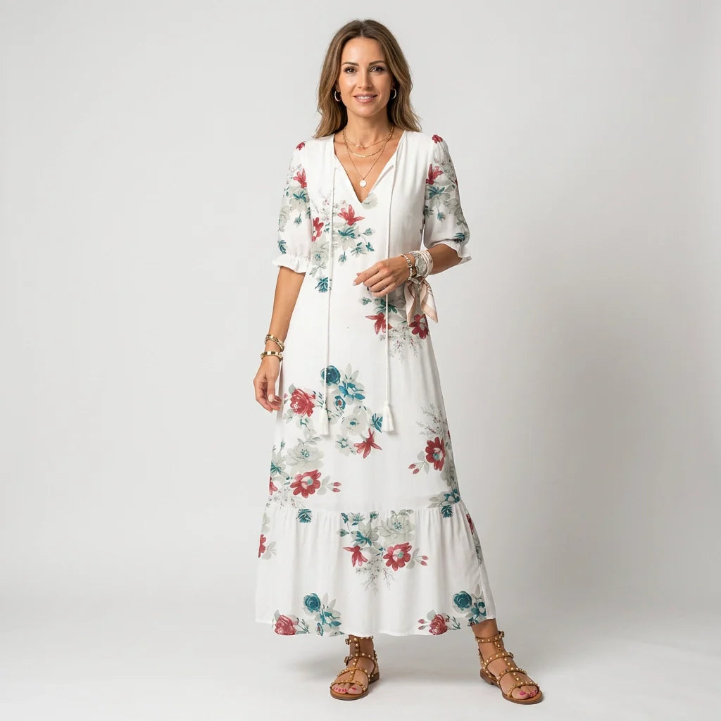 Sommerkleid mit V-Ausschnitt und Halbarm im Paisley Muster