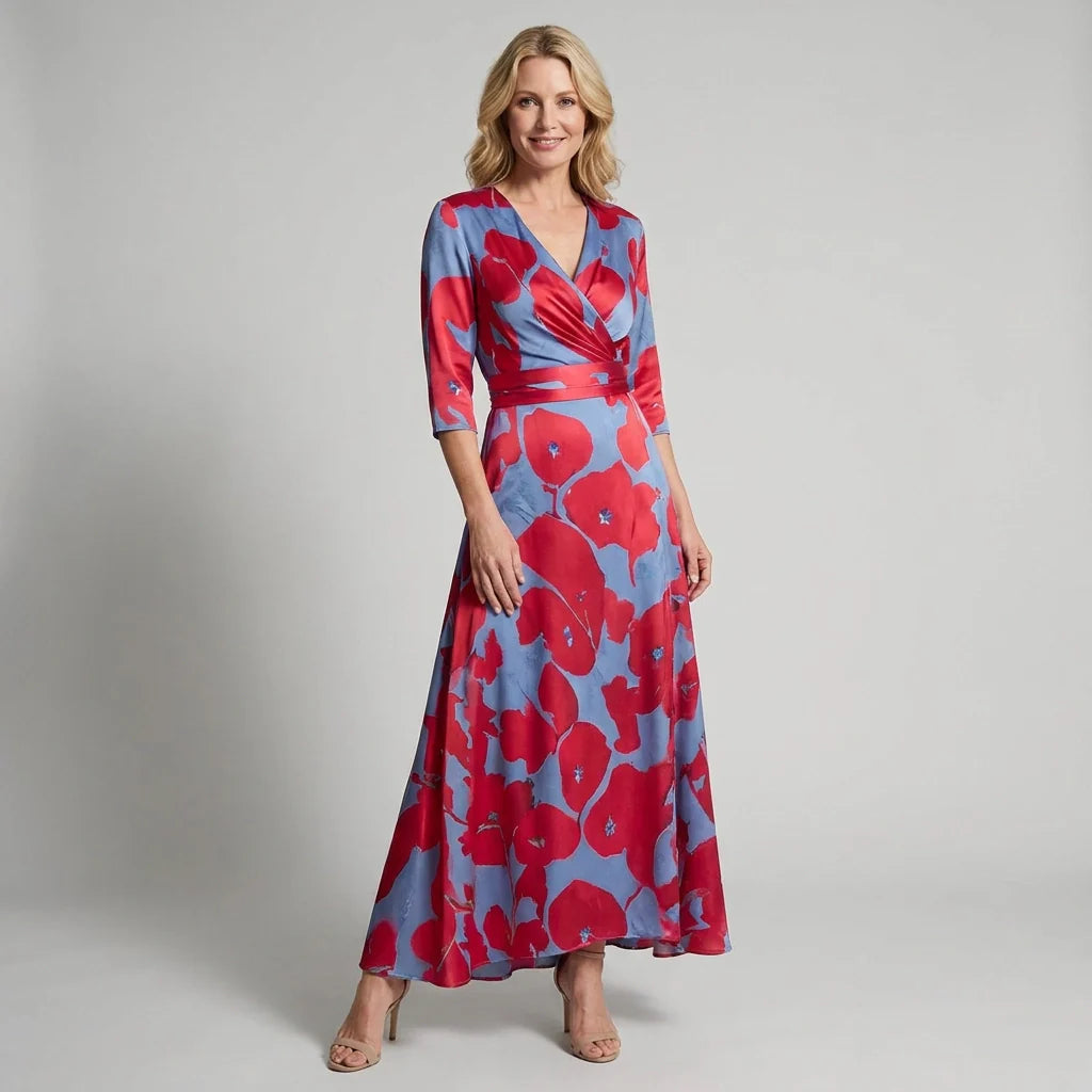 Maxikleid in Blumenprint mit Wickeloptik und 3/4 Ärmeln