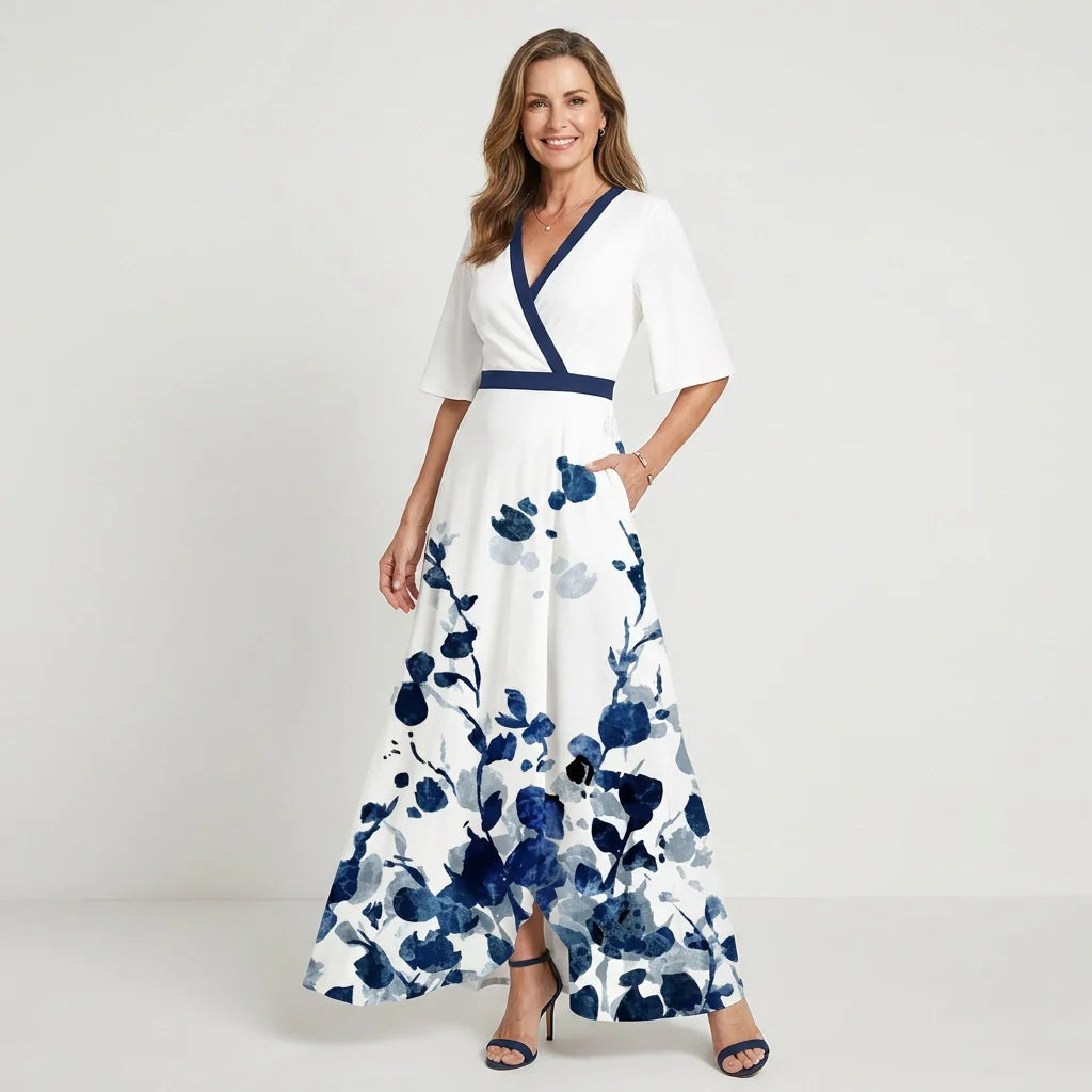 Maxikleid in Blumenprint mit Wickeloptik und 3/4 Ärmeln