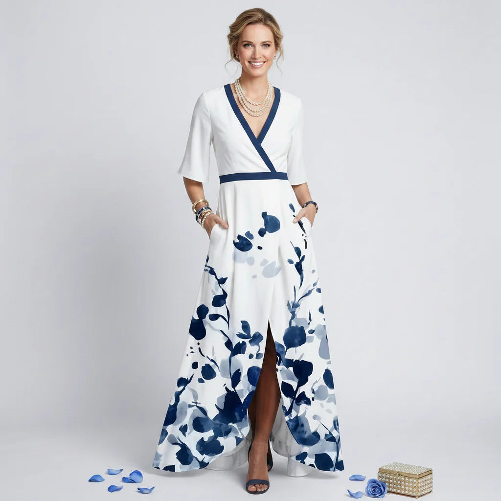 Maxikleid in Blumenprint mit Wickeloptik und 3/4 Ärmeln