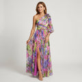 Maxikleid mit One Shoulder Ausschnitt Puffärmel und Schlitz