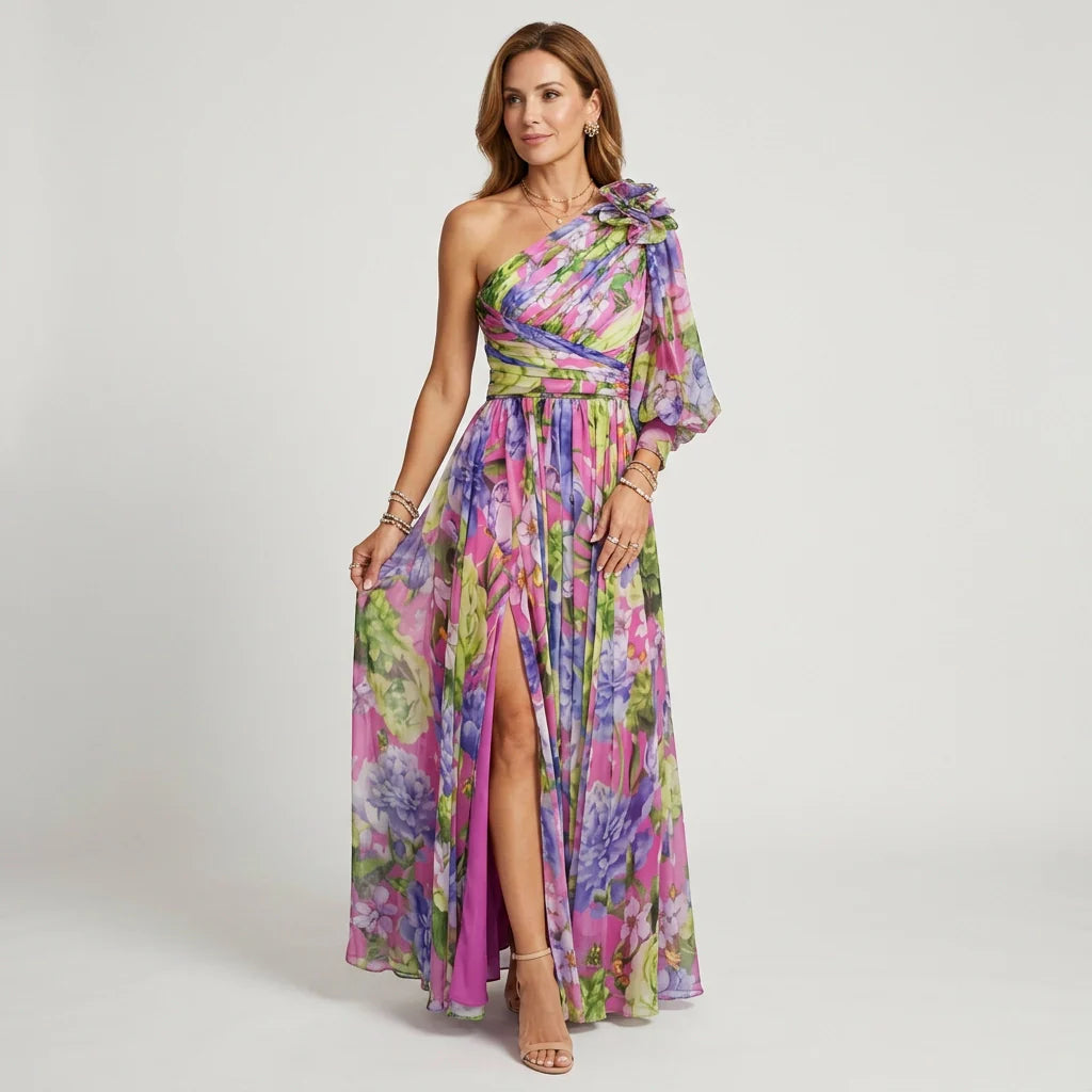 Maxikleid mit One Shoulder Ausschnitt Puffärmel und Schlitz