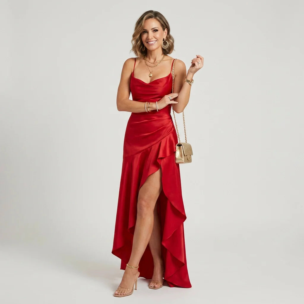 Maxikleid in bodenlanger Form mit Wasserfallausschnitt im eleganten Stil