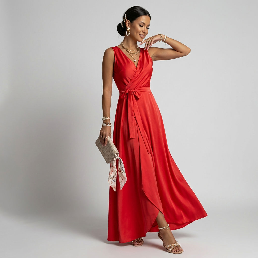 Ärmelloses Maxikleid in bodenlanger Form mit Wickeloptik