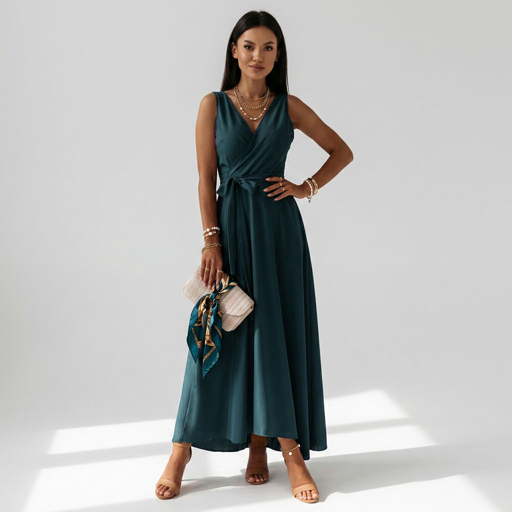 Ärmelloses Maxikleid in bodenlanger Form mit Wickeloptik