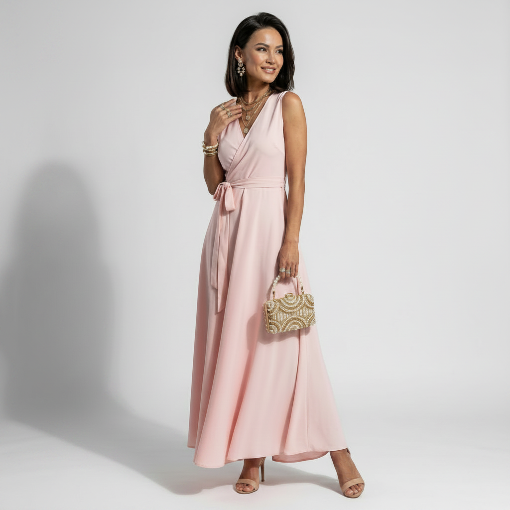 Ärmelloses Maxikleid in bodenlanger Form mit Wickeloptik