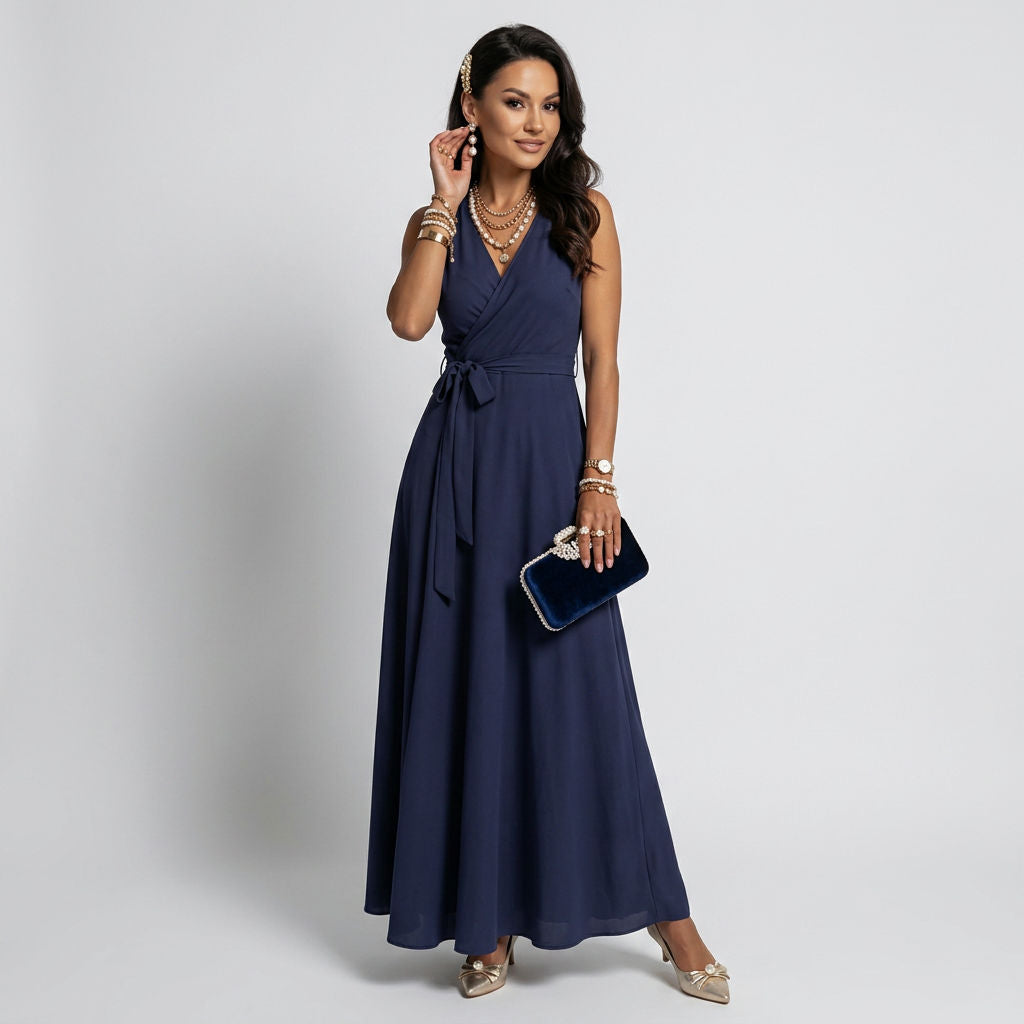 Ärmelloses Maxikleid in bodenlanger Form mit Wickeloptik