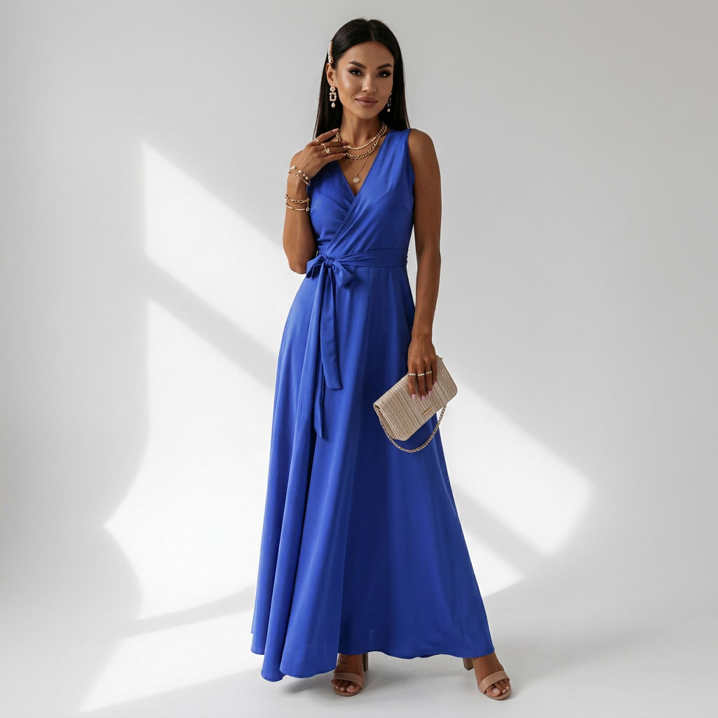 Ärmelloses Maxikleid in bodenlanger Form mit Wickeloptik