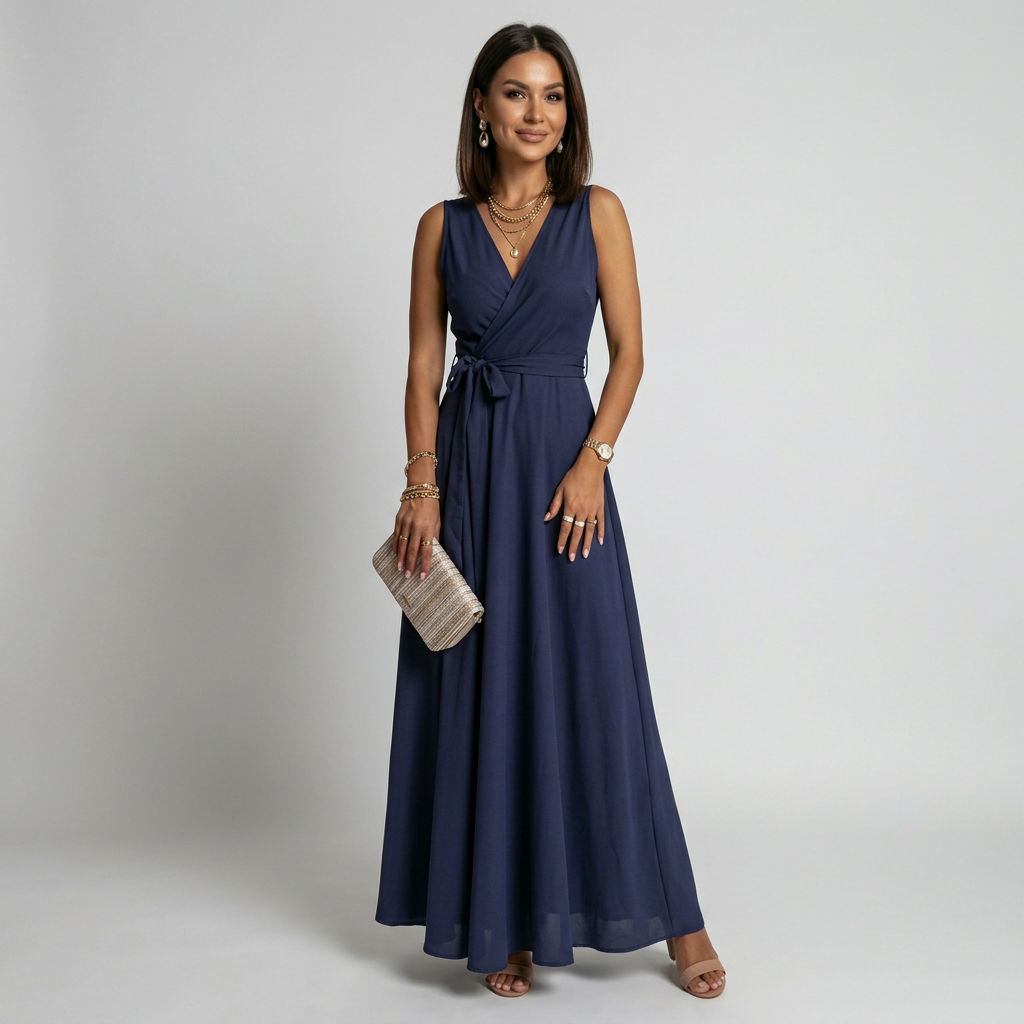 Ärmelloses Maxikleid in bodenlanger Form mit Wickeloptik