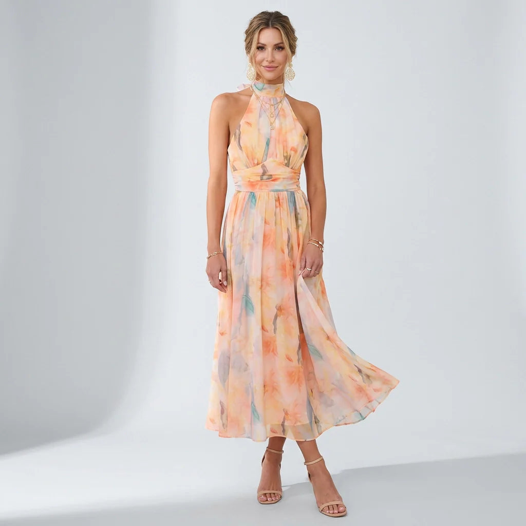Maxi Kleid mit Neckholder aus Chiffon in ärmelloser Form