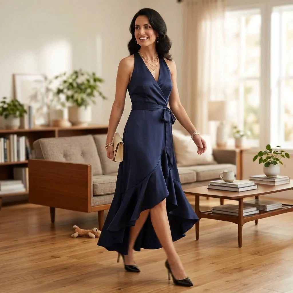 Maxi Wickelkleid mit Vokuhila Schnitt und Bindegürtel aus Satin
