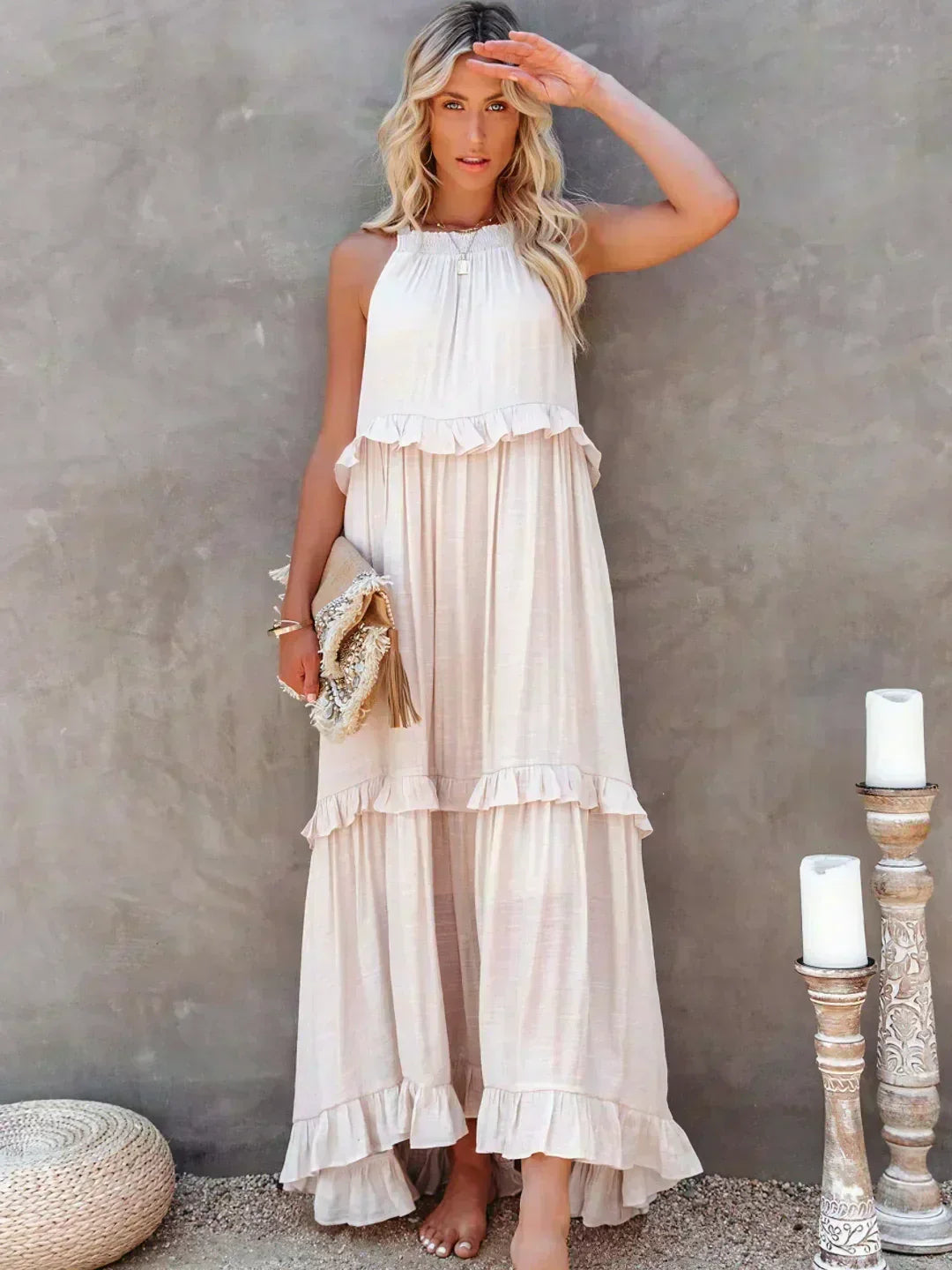 Hannah | Maxikleid mit Volants & Neckholder-Ausschnitt