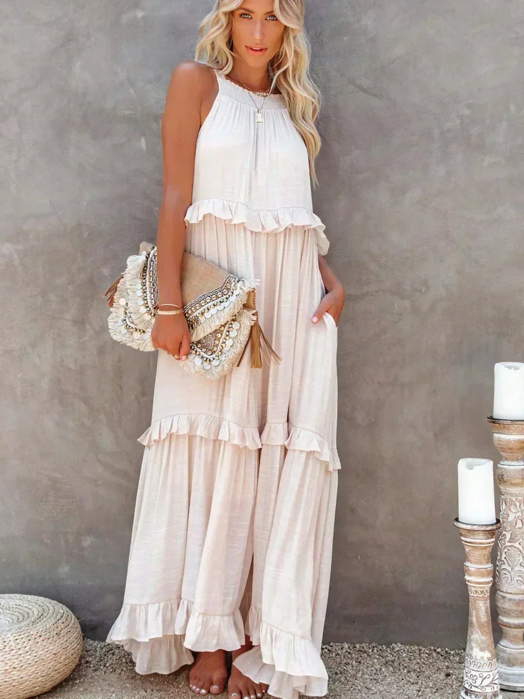 Hannah | Maxikleid mit Volants & Neckholder-Ausschnitt