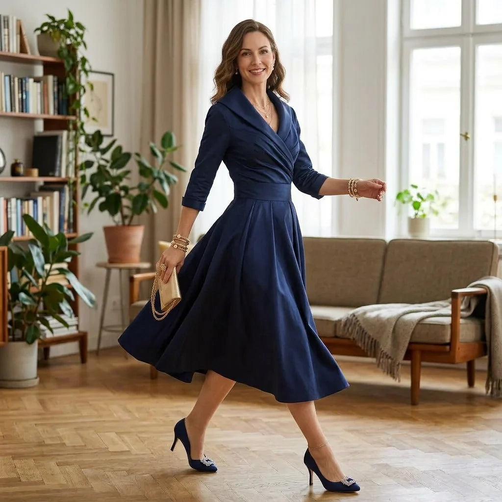 Elegantes Midikleid langarm für Hochzeitsgäste in Wickeloptik