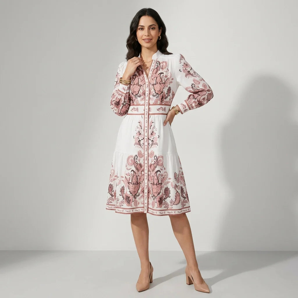 Midikleid in A-Linie mit Langarm und Paisley Muster im Stehkragen-Stil
