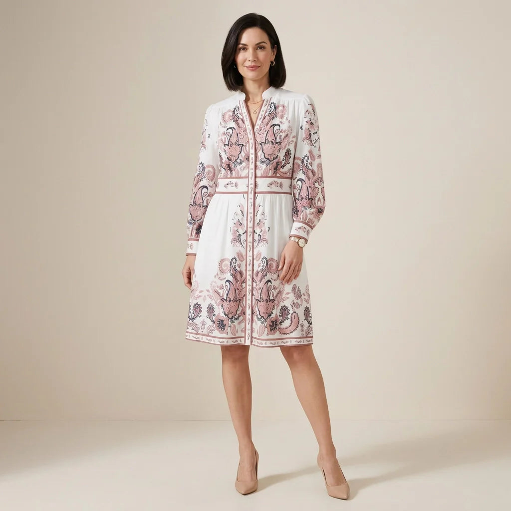 Midikleid in A-Linie mit Langarm und Paisley Muster im Stehkragen-Stil