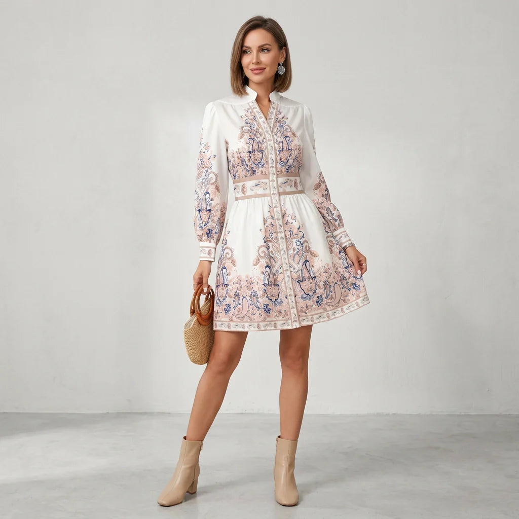 Midikleid in A-Linie mit Langarm und Paisley Muster im Stehkragen-Stil