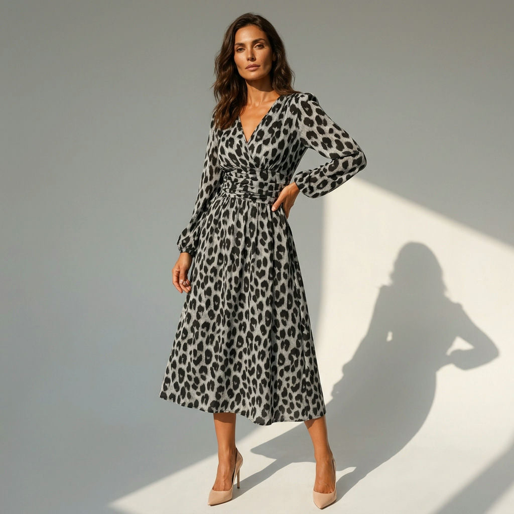 Midikleid in A-Linie mit V-Ausschnitt und Leoprint